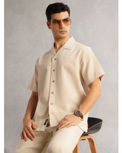 Beige Oversized Fit Short Sleeves Cuban Collar Solid Cotton Linen Casual Shirt