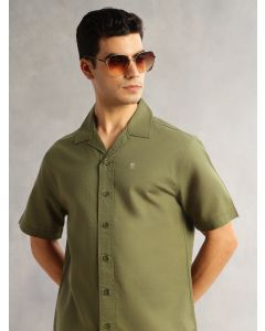 Green Oversized Fit Short Sleeves Cuban Collar Solid Cotton Linen Casual Shirt