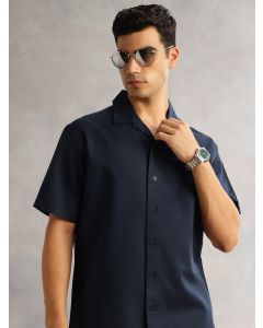 Navy Oversized Fit Short Sleeves Cuban Collar Solid Cotton Linen Casual Shirt