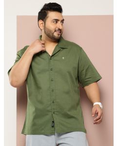 Green Plus Size Oversized Fit Short Sleeves Cuban Collar Solid Cotton Linen Casual Shirt