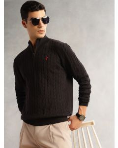 Black Regular Fit Long Sleeves Mock Collar Cable Knitted Pullover Sweater