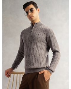 Grey Regular Fit Long Sleeves Mock Collar Cable Knitted Pullover Sweater