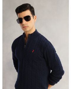 Navy Regular Fit Long Sleeves Mock Collar Cable Knitted Pullover Sweater