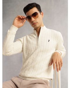 White Regular Fit Long Sleeves Mock Collar Cable Knitted Pullover Sweater