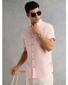 Pink Premium Regular Fit Short Sleeves Spread Collar Solid Linen Casual Shirt