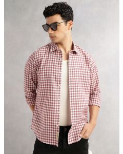 Maroon Slim Fit Long Sleeves Spread Collar Tartan Checks Linen Casual Shirt