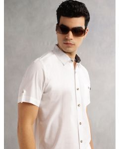 White Regular Fit Short Roll-Up Sleeves Spread Collar 100% Cotton Casual Shirt