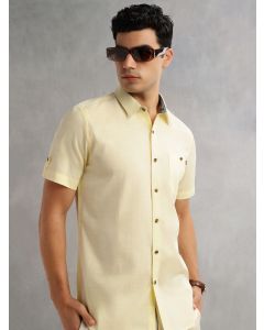 Yellow Regular Fit Short Roll-Up Sleeves Spread Collar 100% Cotton Casual Shirt