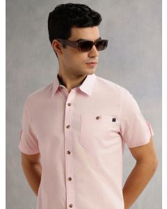 Pink Regular Fit Short Roll-Up Sleeves Spread Collar 100% Cotton Casual Shirt