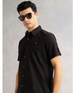 Black Regular Fit Short Roll-Up Sleeves Spread Collar 100% Cotton Casual Shirt