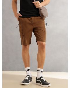 Brown Relaxed Fit Mid-Rise Solid 100% Cotton Woven Cargo Shorts