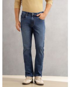 Dark Blue Straight Fit Mid-Rise 5 Pockets Faded Stretchable Jeans