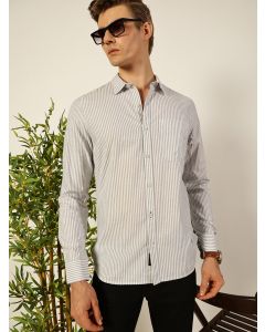 White Slim Fit Long Sleeves Spread Collar Pinstripes Cotton Casual Shirt