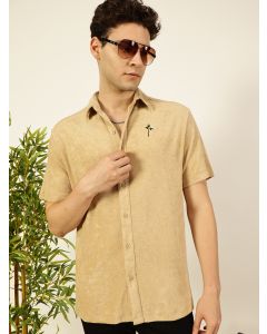 Cream Towel Terry Relaxed Fit Short Sleeves Spread Collar Knitted Casual Shirt