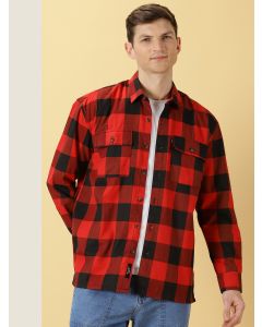 Red Regular Fit Long Sleeves Buffalo Checked 2 Flap Pockets Twill Cotton Shirt