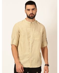 Khaki Slim Fit Long Sleeves Mandarin Collar Cotton Linen Casual Shirt