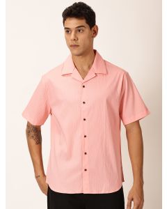 Pink Slim Fit Textured Short Sleeves Cuban Collar Casual Shirt