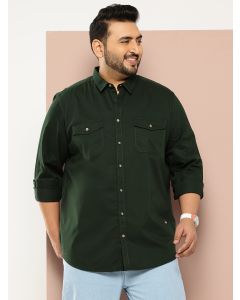 Bottle Green Plus Size Long Sleeves Spread Collar Solid 100% Cotton Casual Shirt
