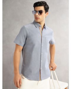 Navy Cricket Club Slim Fit Short Sleeves Spread Collar Solid 100% Cotton Casual Shirt