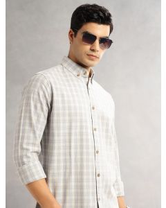 Aqua Cricket Club Slim Fit Long Sleeves Button-Down Collar Tartan Checks Cotton Linen Casual Shirt