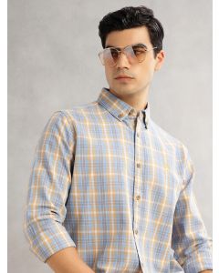 Blue Cricket Club Slim Fit Long Sleeves Button-Down Collar Graphic Checks Cotton Linen Casual Shirt