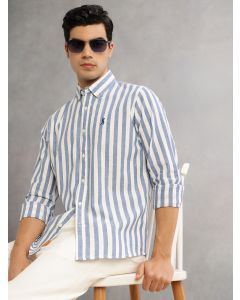 Blue Cricket Club Slim Fit Long Sleeves Button-Down Collar Vertical Stripes Cotton Linen Casual Shirt