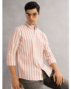 Peach Cricket Club Slim Fit Long Sleeves Button-Down Collar Vertical Stripes Cotton Linen Casual Shirt