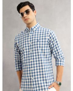 Blue Cricket Club Slim Fit Long Sleeves Button-Down Collar Gingham Checks Cotton Linen Casual Shirt