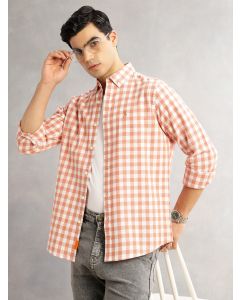 Peach Cricket Club Slim Fit Long Sleeves Button-Down Collar Gingham Checks Cotton Linen Casual Shirt