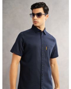 Navy Cricket Club Regular Fit Short Sleeves Spread Collar Cotton Linen Casual Shirt