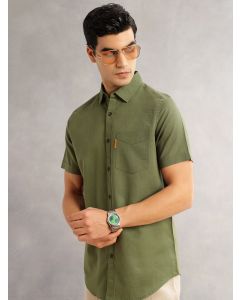 Olive Cricket Club Regular Fit Short Sleeves Spread Collar Cotton Linen Casual Shirt