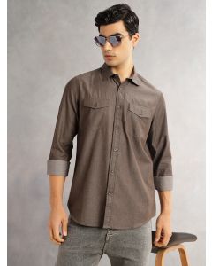 Brown Slim Fit Long Sleeves Spread Collar Chambray 100% Cotton Casual Shirt