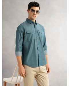 Green Slim Fit Long Sleeves Spread Collar Chambray 100% Cotton Casual Shirt