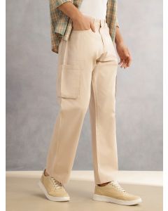 Beige Cricket Club Straight Fit Mid-Rise Solid 100% Cotton Woven Cargo Trouser