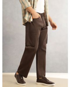 Dark Brown Cricket Club Straight Fit Mid-Rise Solid 100% Cotton Woven Cargo Trouser