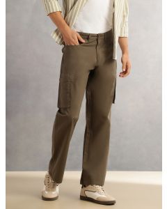 Olive Cricket Club Straight Fit Mid-Rise Solid 100% Cotton Woven Cargo Trouser