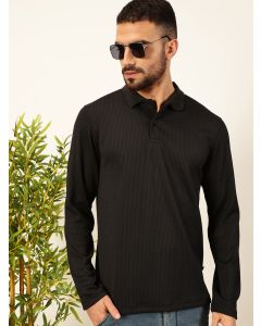 Black Regular Fit Long Sleeves Pinstripes Polo Collar Knitted Tshirt