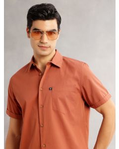 Rust Premium Slim Fit Short Sleeves Spread Collar Solid 100% Cotton Casual Shirt
