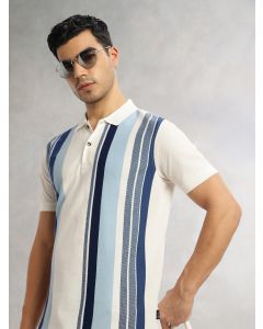 Steel Blue Regular Fit Short Sleeves Striped Cotton Polyester Knitted Polo Collar Tshirt