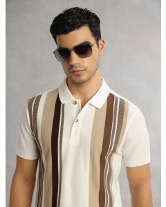 Brown Regular Fit Short Sleeves Striped Cotton Polyester Knitted Polo Collar Tshirt