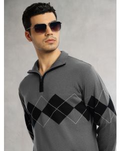 Grey Regular Fit Long Sleeves High Neck Self Design 100% Acrylic Knitted Pullover Sweatshirt