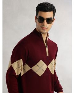 Wine Regular Fit Long Sleeves High Neck Self Design 100% Acrylic Knitted Pullover Sweatshirt