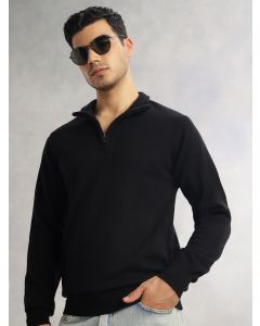 Black Regular Fit Long Sleeves High Neck Solid Knitted Pullover Sweatshirt