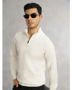 White Regular Fit Long Sleeves High Neck Solid Knitted Pullover Sweatshirt
