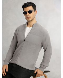 Grey Regular Fit Long Sleeves 100% Cotton Solid Front Open Knitted Sweatshirt