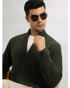 Olive Regular Fit Long Sleeves 100% Cotton Solid Front Open Knitted Sweatshirt