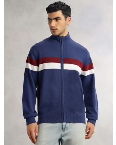 Blue Regular Fit Long Sleeves High Neck Self Design 100% Cotton Knitted Sweatshirt