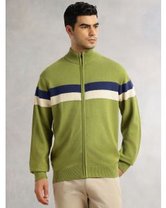 Green Regular Fit Long Sleeves High Neck Self Design 100% Cotton Knitted Sweatshirt