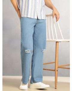 Light Blue Mid-Rise Baggy Fit No Fade Highly Distressed 100% Cotton Non Stretchable Jeans