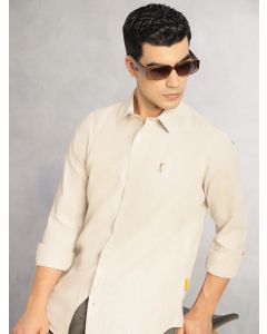 Beige Cricket Club Collection Slim Fit Long Sleeves Spread Collar Pinstripes Cotton Linen Casual Shirt